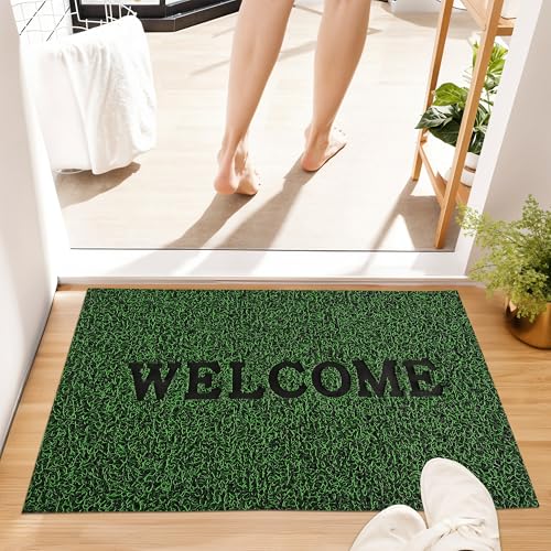 Image of Kuber Industries Pack of 4 Anti-Slip Welcome Print Grass Door Mats for Home| (16x24 Inch) Main Entrance Footmats for Bathroom, Living Room & Office | Grass Cut -Red & Green
