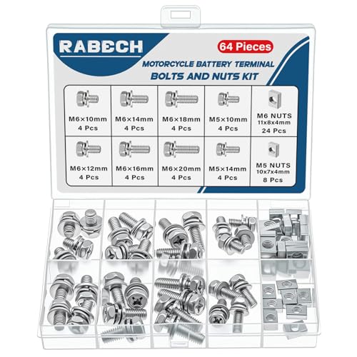 RABECH 8Sizes Motorcycle Battery Bolts and Nuts Kit 304 Stainless Steel Battery Terminal Bolt Screws M6x10/12/14/16/18/20 M5x10/14 MM with Square Nut for ATV Bike Scooter