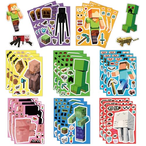 24 Sheets Cartoon Stickers, Mixed & Matched with 8 Designed Characters(3 of Each) Stickers, Cute Pixel Party Favors