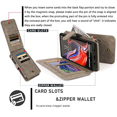 Modos Logicos Case For Samsung Galaxy Note 9 6.4", [Detachable Wallet Folio][2 In 1][Zipper Cash Storage][14 Card Slots 1 Id Window] Pu Leather Purse With Removable Inner Magnetic Tpu Case - Grey #TOP2