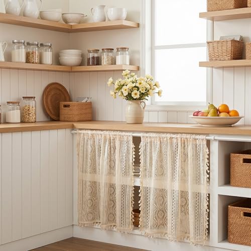 Image of MYSKY HOME Beige Lace Tier Curtains 36 Inch Length 2 Panels Kitchen Cafe Sheer Short Boho Half Country Rod Pocket Curtains for Small Windows Basement Bathroom, 34 inch Wide Each Panel