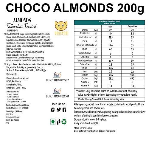 Image of BOGATCHI Sugar Free Chocolate Coated Almonds, 200g | Zero Sugar | Suitable for People with Diabetes | Gift for No Sugar Lovers