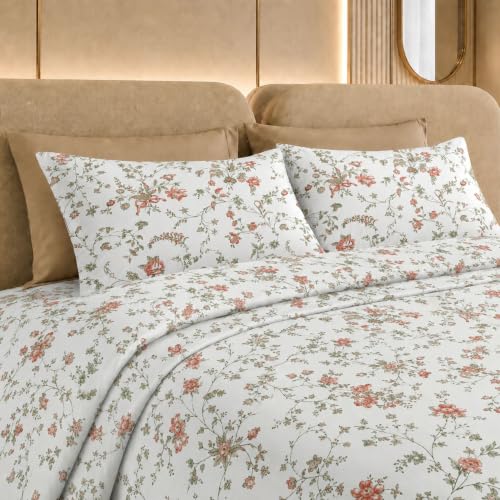 Image of Jaipur Weaves Cotton Linen Feel King Size Bedsheet 108x108 Super King, 100% Pure Cotton Bed Sheet with 2 Pillow Covers, 300 TC Soft Breathable Floral Design Bedding -(Vintage Red, Super King)