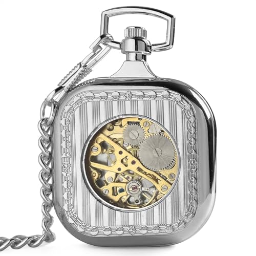 Reloj de bolsillo clásico steampunk mecánico de cuerda manual plata antiguo con cadena 2