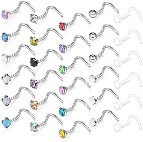 ZS 30 Pieces Cubic Zircon Nose Bone Studs 20 Gauge Stainless Steel Opal Nose Piercing Studs Clear Bioflex Nose Rings for Body Jewelry