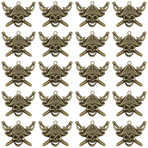 20 Pieces Pirate Skull Charm - Anti-Brass Alloys Skull Head Antique Caribbean Fashion Jewelry Making Charms Bulk Vintage Skeleton Pendant Wholesale Supply Findings for DIY Craft Necklace Bracelet