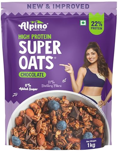 ALPINO 22% High Protein Super Oats Chocolate 1kg – Rolled Oats, Natural Peanut Butter, Cocoa Powder, Nuts & Seeds – 22g Protein, Source of Dietary Fibre & Healthy Fats, No Added Sugar & Salt