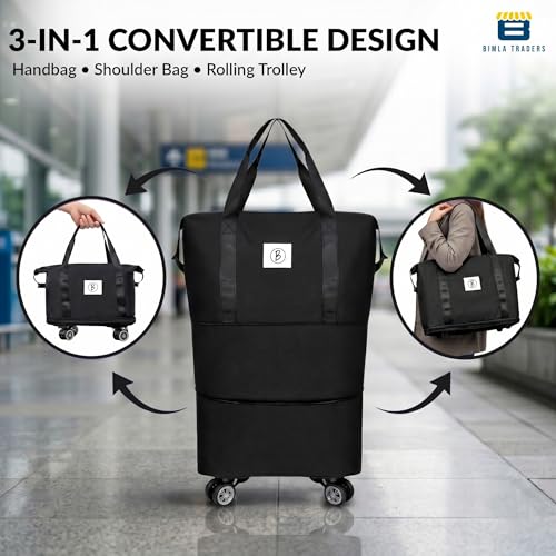 Image of Btag Travel Duffle Bag with Wheels | Convertible Handbag, Trolley & Shoulder Luggage for Clothes | Space-Saving Foldable Travel Companion | Expandable & Waterproof Traveling Bag for Unisex (Black)