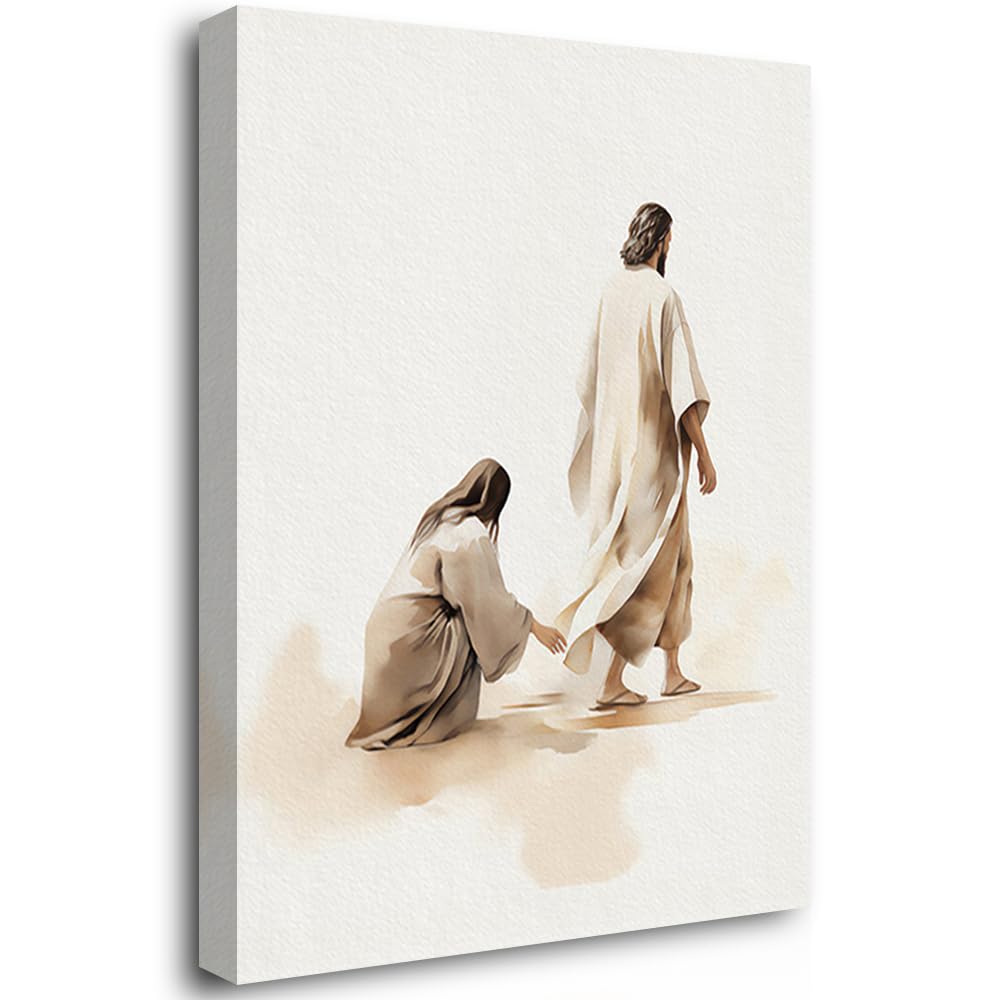Reateforin Christian Art Wall Decor Jesus Heals a Sick Woman Watercolor Painting a Bleeding Woman Touched The Hem of Jesus Garment Bible Verse Art Christian Spiritual Decor for Womens Bedroom 16"x24" — image 1
