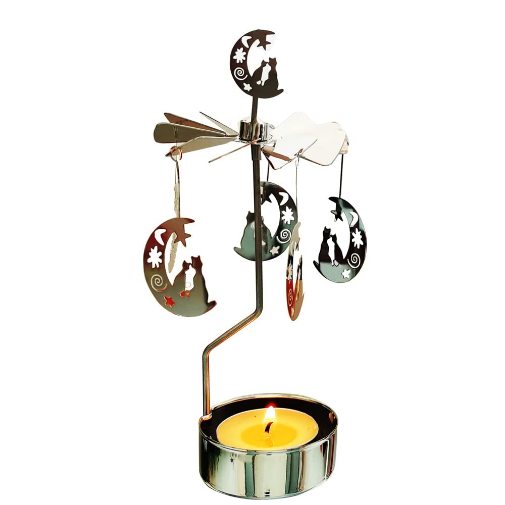 Kingnero Silver Moon & Cat Carousel Candle Rotary Candle Holder Spinning Metal Small Tealight Candleholder Candlestick For Christmas (Silver Moon & Cat)