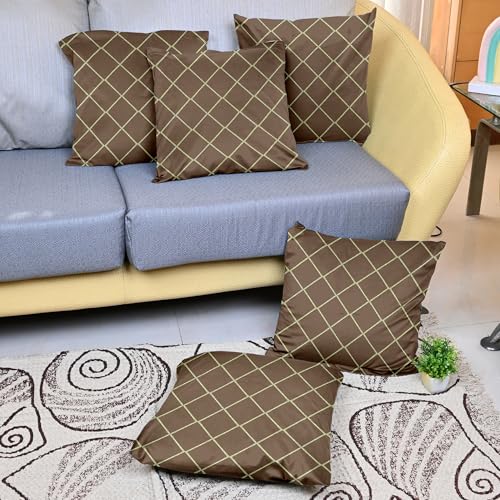 Image of Divine Casa Decorative Cushion Cover Set of 5 Coffee | Velvet Feel Polyester Cushion Covers 16x16 Inch | Sofa Cushion Covers with Golden Lace Border | Modern Cushion Covers for Living Room