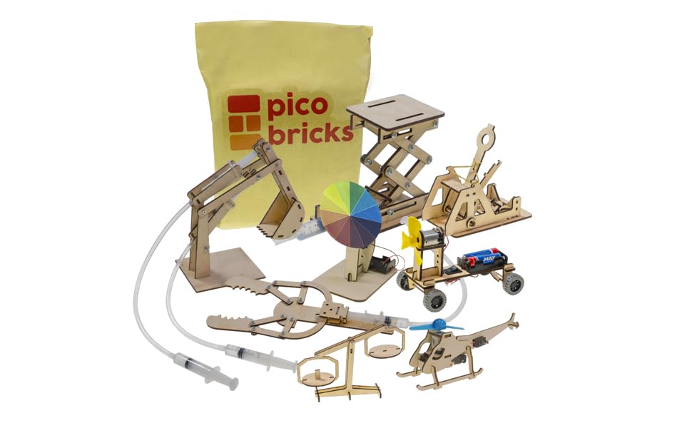 Kit de madeira STEM hidráulico – escavadeira, catapulta, balança de equilíbrio, carro eólico e garra hidráulica
