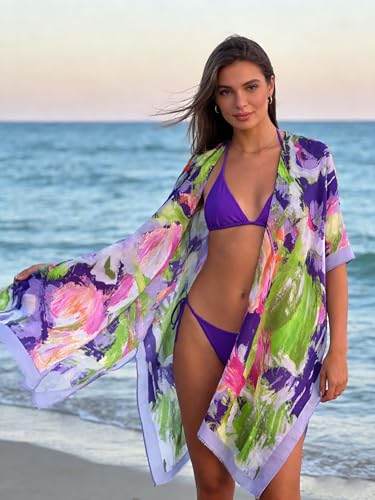 Image of Spicy Sandia Kimonos for Women Floral Beach Cover Up Loose Swimsuit Bathing Suit Coverup Cardigan for Summer Swimwear