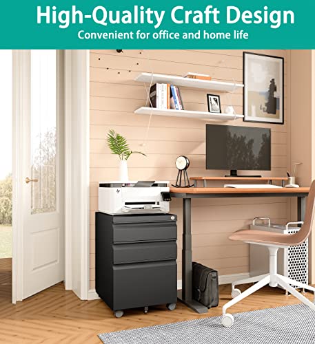 Image of SISESOL 3 Drawer Mobile File Cabinet with Lock,Black Under Desk File Cabinets with Wheels,Rolling Metal Filing Cabinet for Home Office,Fit Legal /Letter /a4 File,Fully Assembled Except Caster