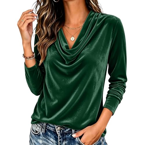Velvet Tops for Women Draped Cowl Neck Long Sleeve Loose Classy Blouse - image 7