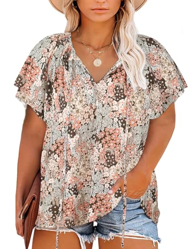 Halife Women's Plus Size Boho Tops Floral Printed V Neck Casual Summer Blouses Shirts