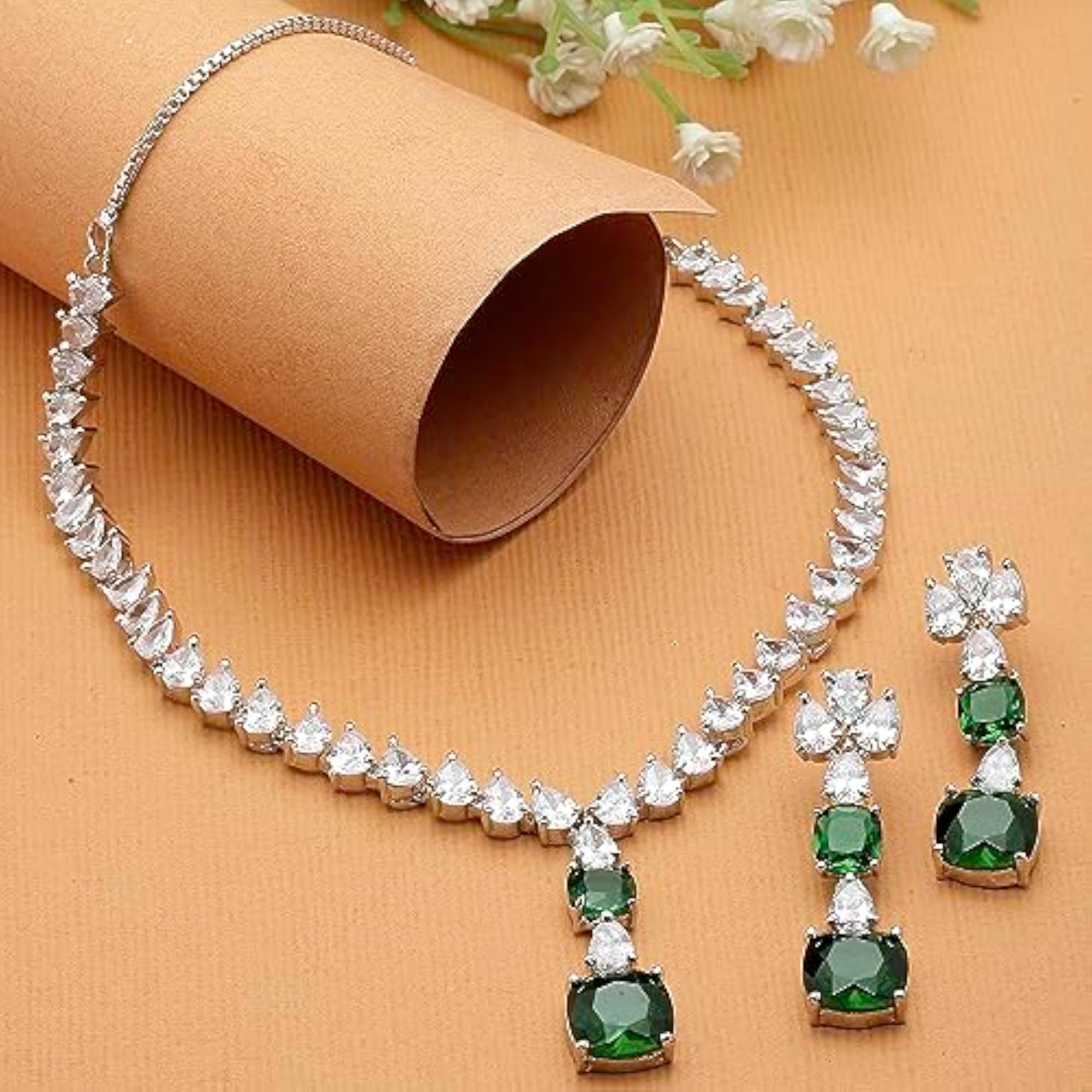 Rhodium-Plated Square American Diamonds Necklace & Earrings Set