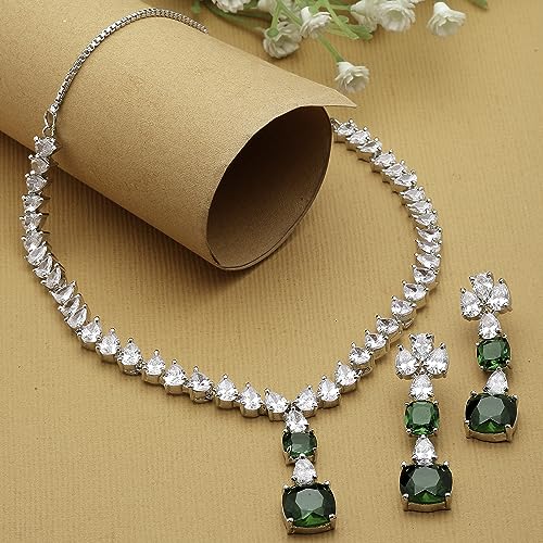 Rhodium-Plated Square American Diamonds Necklace & Earrings Set