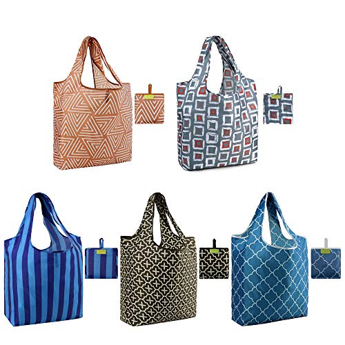 BeeGreen Large Capacity Shopping Bags 5 Pack Lightweight Reusable Grocery Bags for Shopping Foldable Sturdy Tote Bags Machine Washable Cute Geometric Pattern