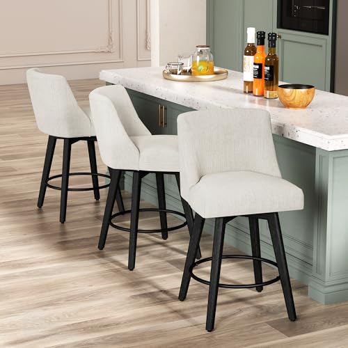 Counter-Height-Bar-Stools-26-H-Seat-Height-Swivel-Barstools-Set-of-2-Fabric-Upholstered-Modern-Counter-Stools-with-Back-for-Kitchen-Island-Solid-Wood-Legs-Fabric-in-Ivory Counter Height Bar Stools 26 H Seat Height Swivel Barstools Set of 2 Fabric Upholstered Modern Counter Stools with Back for Kitchen Island Solid Wood Legs Fabric in Ivory