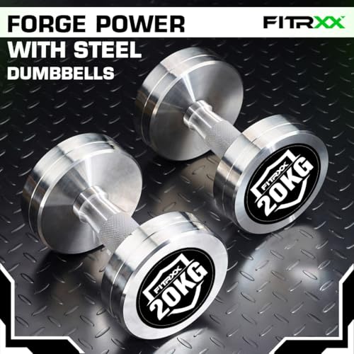 Image of Fitrxx Pair of chrome plated steel Fixed Weight Dumbbells - Gym equipment for home workout | Fitness Gym Dumbbell set for Muscles | stainless steel dumbles set | Dumbell Weights for Workout (Silver, 20 Kg Pair)