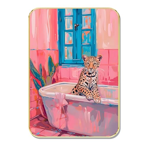 Image of Livin'luxe Bold Leopard in Bathtub Wall Art | Quirky Pink Bathroom Scene with Blue Window | HD Artistic Print with Golden Frame | Funky Animal Art for Living Room (13 x 19 Inch) MG01-885
