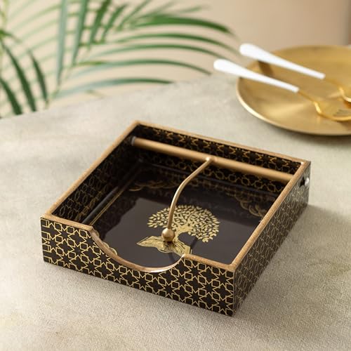 Image of Wooden Napkin Holder with Gold Engraving | Pack of 1 | Size : 7.5 x 7.5 inch | Enamel Coated Waterproof | Tissue Holder for Dining Table | Black Tree Napkin Holder