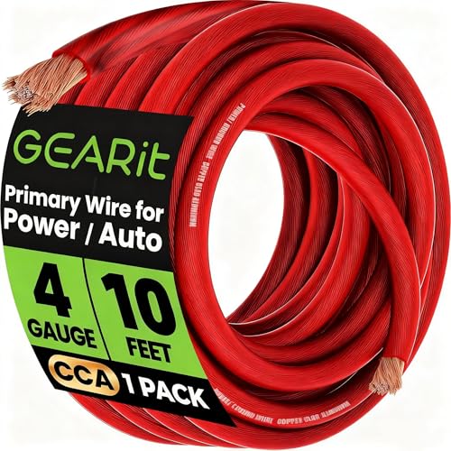 GEARit 4 Gauge Wire (10ft - Red Translucent) Copper Clad Aluminum CCA - Primary Automotive Wire Power/Ground, Battery Cable, Car Audio Speaker, RV Trailer, Amp, Electrical 4ga AWG 10 Feet