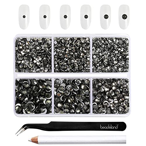 Beadsland 4300pcs Flatback Nail Rhinestones,Gray Round Crystal Rhinestones Gems for Crafts,Mixed 6 Sizes with Picking Tweezers and Wax Pencil Kit