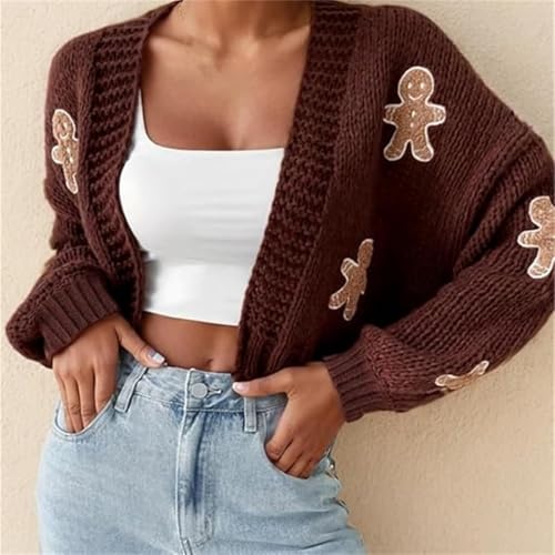 Gingerbread Cardigan Women,Christmas Open Front Cropped Cardigan Sweaters,Casual Cute Cartoon Print Drop Shoulder Knit Coat3