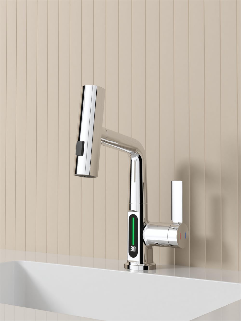 Bathroom Single Handle One Hole Basin Sink Pull Out Faucet with Waterfall Sprayer Temperature Digital Display Vanity Mixer Tap Pull-Down Spray Head Chrome