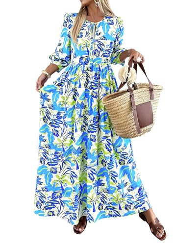 Image of KIRUNDO Maxi Dresses for Women 2026 3 /4 Sleeve Summer Dress | Spring Boho Floral, Drawstring Tie Neck, Loose Fit, Elastic Waist, Pockets, Wedding Guest, Beach Vacation Flowy Long Dress