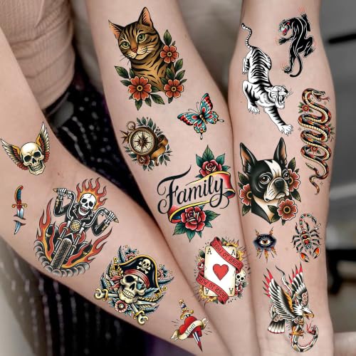 Image of 40+ PCS 6 Sheets Classic Retro American Traditional Temporary Tattoos Old School Tattoo Sticker, Realistic Vintage Pirate Skull Fake Tattoos For Men Women Teens Adults USA Rock Tattoo Party Decoration