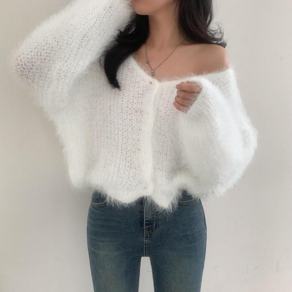 Image of Mohair Cardigan for Women - Fuzzy Open Front Oversized Faux Fur Coquette Sweater
