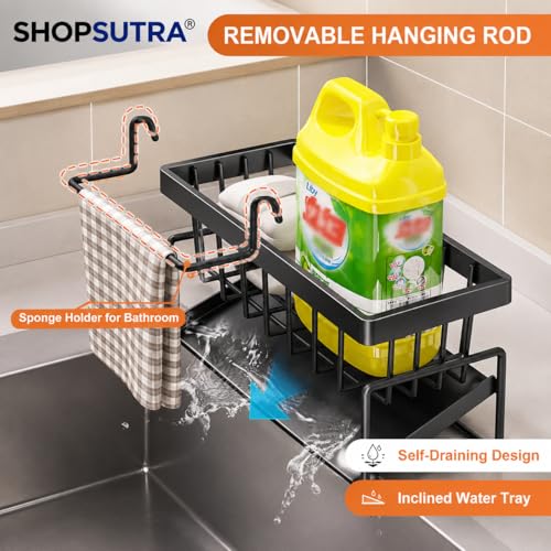 Image of Kitchen Sink Organiser with Drain Tray, Countertop Storage Rack for Dish Soap Sponge Scrubber, Metal Wire Design, Black