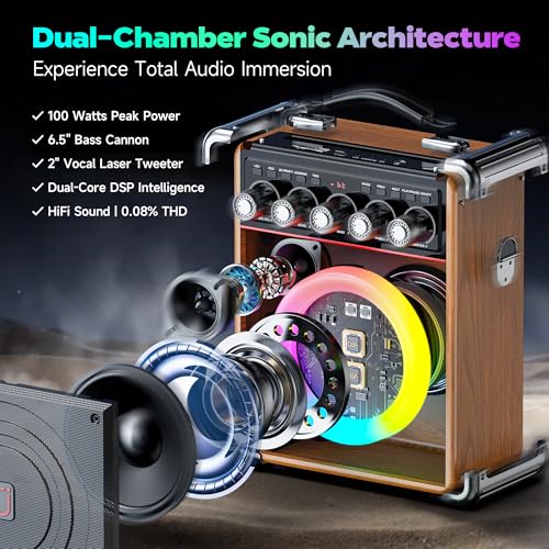 Image of Karaoke Machine for Adults with Bass /Treble /Echo Adjustment, 100W PA System | 2 Wireless Microphones, Bluetooth 5.3, Suitcase Design, 24H Playtime, TV Connection, TWS Stereo and Live Performance Support