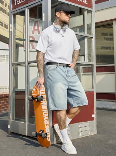 Image of PLEPAN Mens Super Baggy Jean Shorts 12 inch Vintage Loose Fit Wide Leg Long Jorts Y2K Streetwear Below Knee Denim Shorts