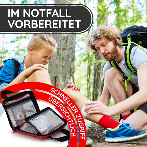 Erste Hilfe Set gefüllt mit Sofort-Kältekompressen, Rettungsdecke und Pflastersortiment/Erste Hilfe Tasche für Zuhause, Auto, Outdoor, Wandern und Reisen - Notfallset für Unterwegs