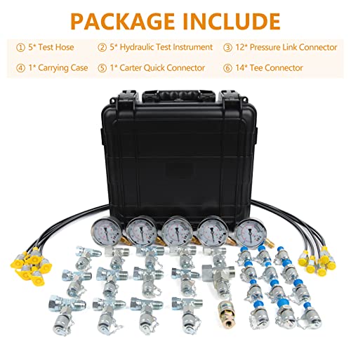 Image of Hydraulic Pressure Test Kit,600bar /8700psi / 60mpa 5 Gauges 13 Test Couplings 14 Tee Connectors 5 Test Hoses, Hydraulic Gauge Kit Sturdy Carrying Case for Mine Excavator Construction Machinery Ships