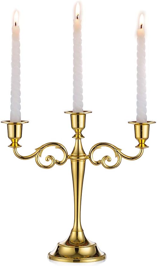 Sziqiqi Gold metal candle holder 3-arms candle stand 27cm tall wedding event candelabra candle stick, Gold