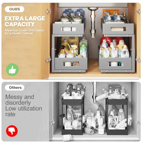 Image of 1 Pack 19IN Depth Under Sink Organizer, 2-Tier Pull Out Cabinet Organizer With Smooth Circular Rail, Large Capacity Metal Mesh Sliding Drawers For Bathroom& Kitchen Storage,Height Adjustable-Gun Gray