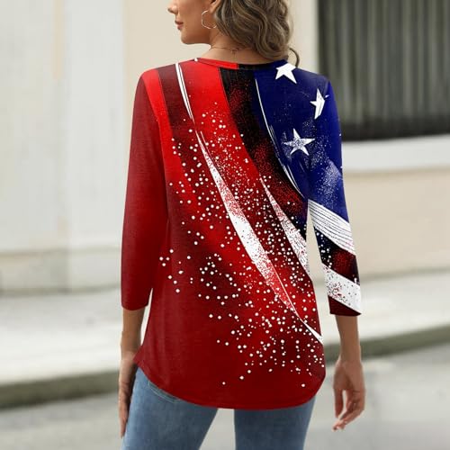 Image of 4th of July Shirts Women 3 /4 Length Sleeve Womens Tops Henley Neck Casual Patriotic T Shirts