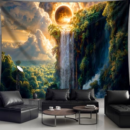 GLWDMB 1 tapiz de poliéster, para colgar en la pared, montaña, sol, bosque, cascada, para dormitorio, oficina, dormitorio, decoración de fiestas, con paquete de instalación, 150 x 100 cm