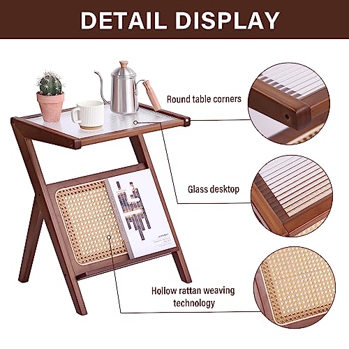 LITA Rattan Side Table, Mid Century End Table Modern Bamboo Accent Bedside Nightstand Tables with Magazine Rack Glass-top Boho Wooden Table for Bedroom Living Room, Walnut, Small