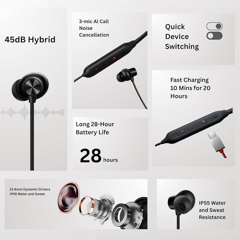 Image of Original Multi-Device Compatible with OnePlus Z3 Wireless Earphones Youth Edition - Bluetooth Neckband with Mic 12.4mm Drivers IP55 Durable Design (Black) (L6MT65)