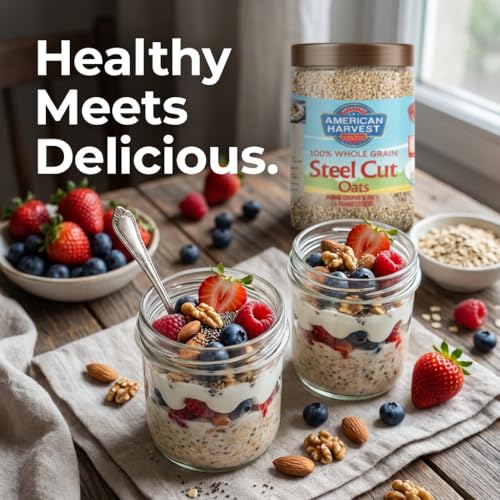 American Harvest Steel Cut Oats 600g Jar | Whole Grain Steel Cut Oats | Gluten Free | High Fiber | Slow-Cooked Hearty Texture | Ideal for Porridge & Savory Oats