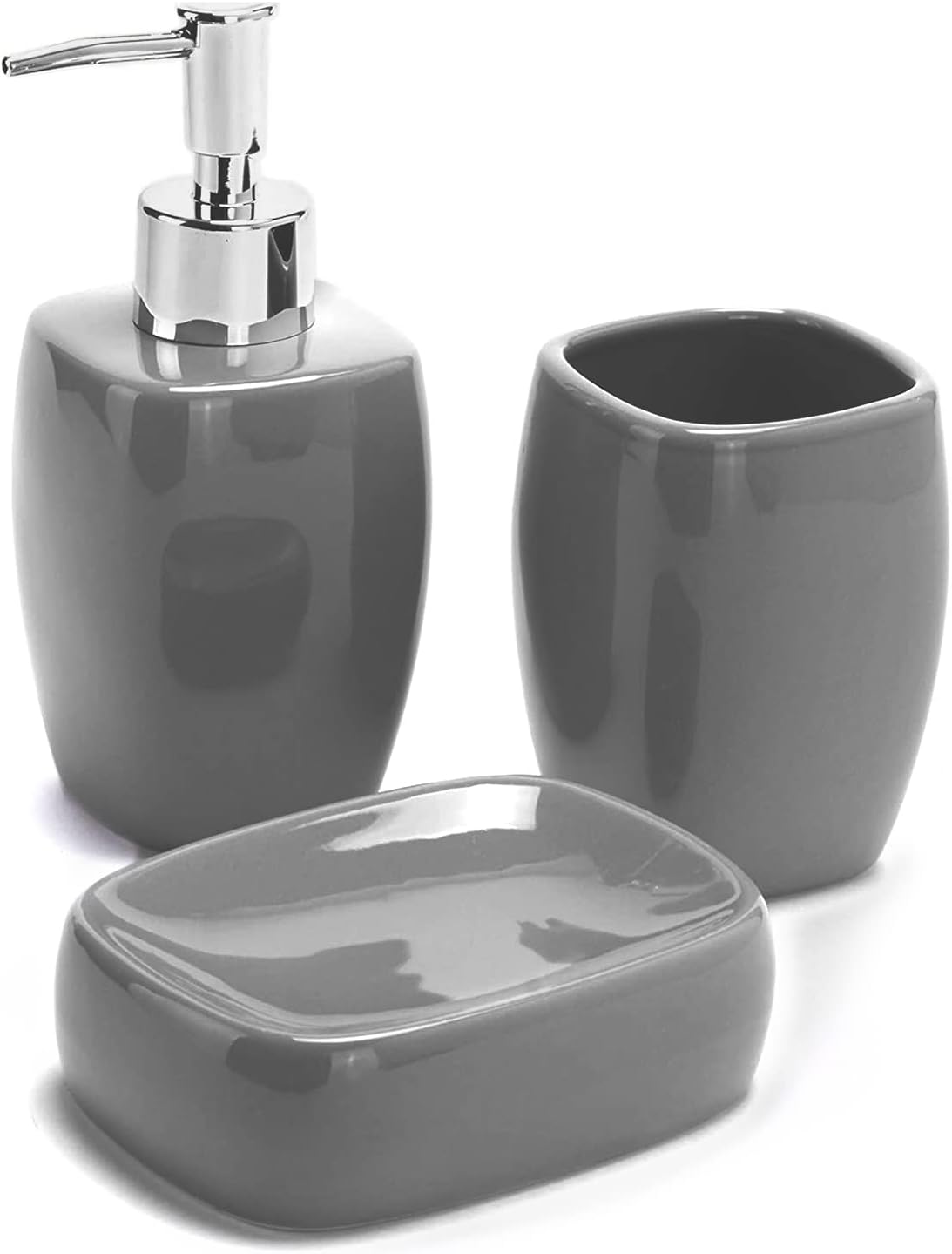 TIENDA EURASIA - Set de Baño, Juego de 3 Accesorios Baño, Incluye Dispensador de Jabon, Vaso para Cepillo de Dientes y Jabonera, Decoracion Baño en Ceramica, Diseño Elegante (Gris)