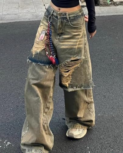 Baggy Jeans for Women Men Y2K Ripped Fake Two-Piece Design Pants High Waist Distressed Grunge Harajuku Streetwear4