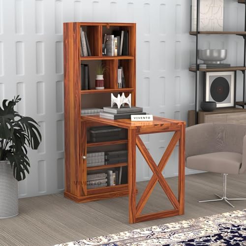 Image of SUNCOM Solid Sheesham Wood Study Table for Adults |Wooden Study Table with Bookself | Wooden Writing Desk Work from Home | Rosewood | Already Assembly, Honey Finish