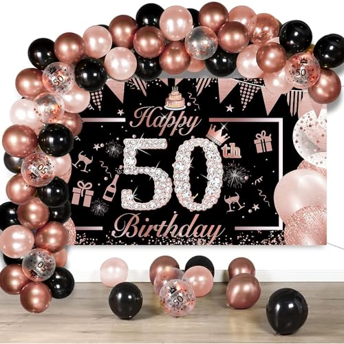 La Mejor Lista de Kits de decoración de telas los 5 mejores. 45 Decoración 50 Cumpleaños Para Mujer - Globos Rosa Oro Negro, Extra Grande Tela Pancarta Feliz Cumpleaños, Póster 50 Años, Photocall Fondo